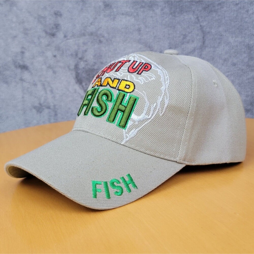 Embroidered Shut Up & Fish Fishing Hat Biege Adjustable Hook & Loop Trucker Cap